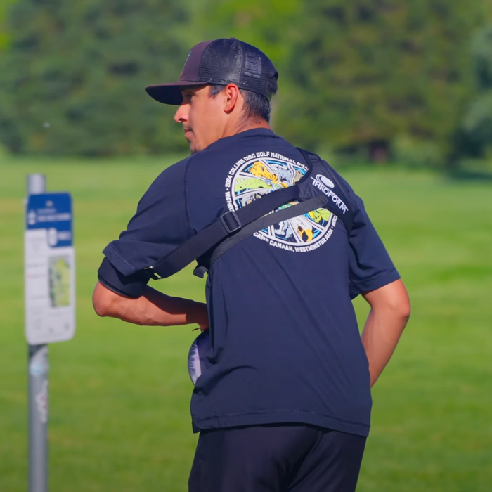 Left Handed Disc Golfer wearing a Disc Golf training aid called Throform sold at Smash & Tap Discs, a disc golf shop in Idaho serving Meridian, Boise, Nampa, Caldwell, Star, and Eagle.