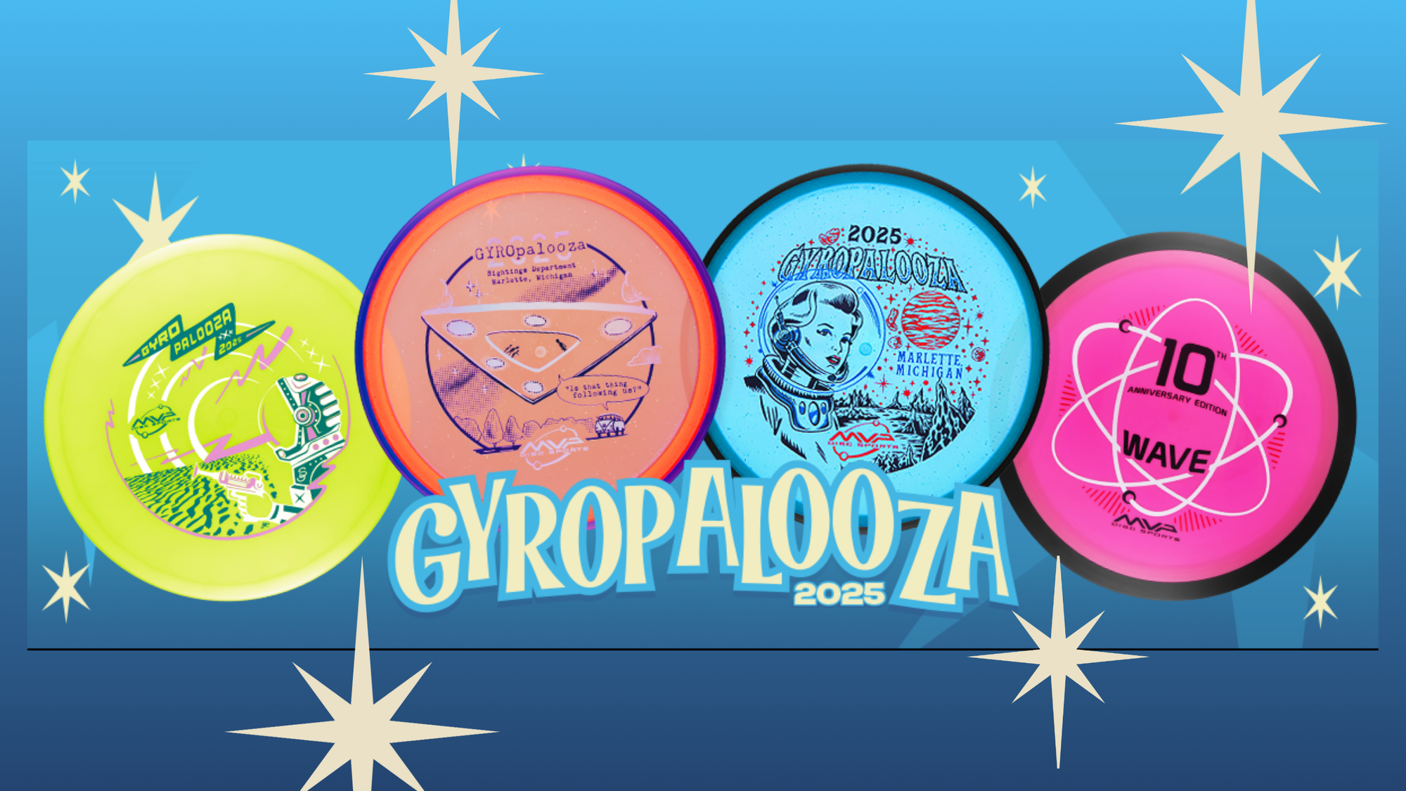 Four colorful discs with disc golf designs on a blue background with 'GYROPALOOZA 2025' text.