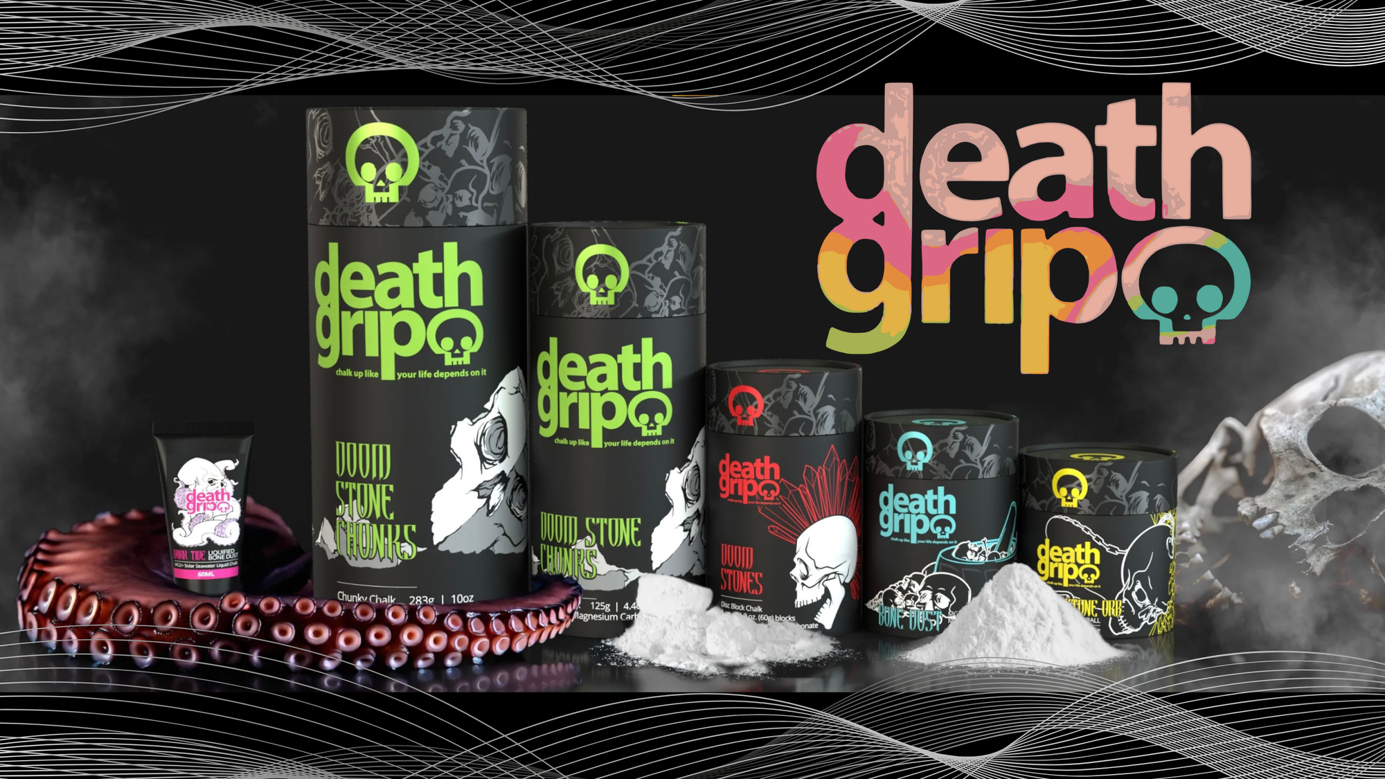 Death Grip chalk products with colorful branding on a dark background