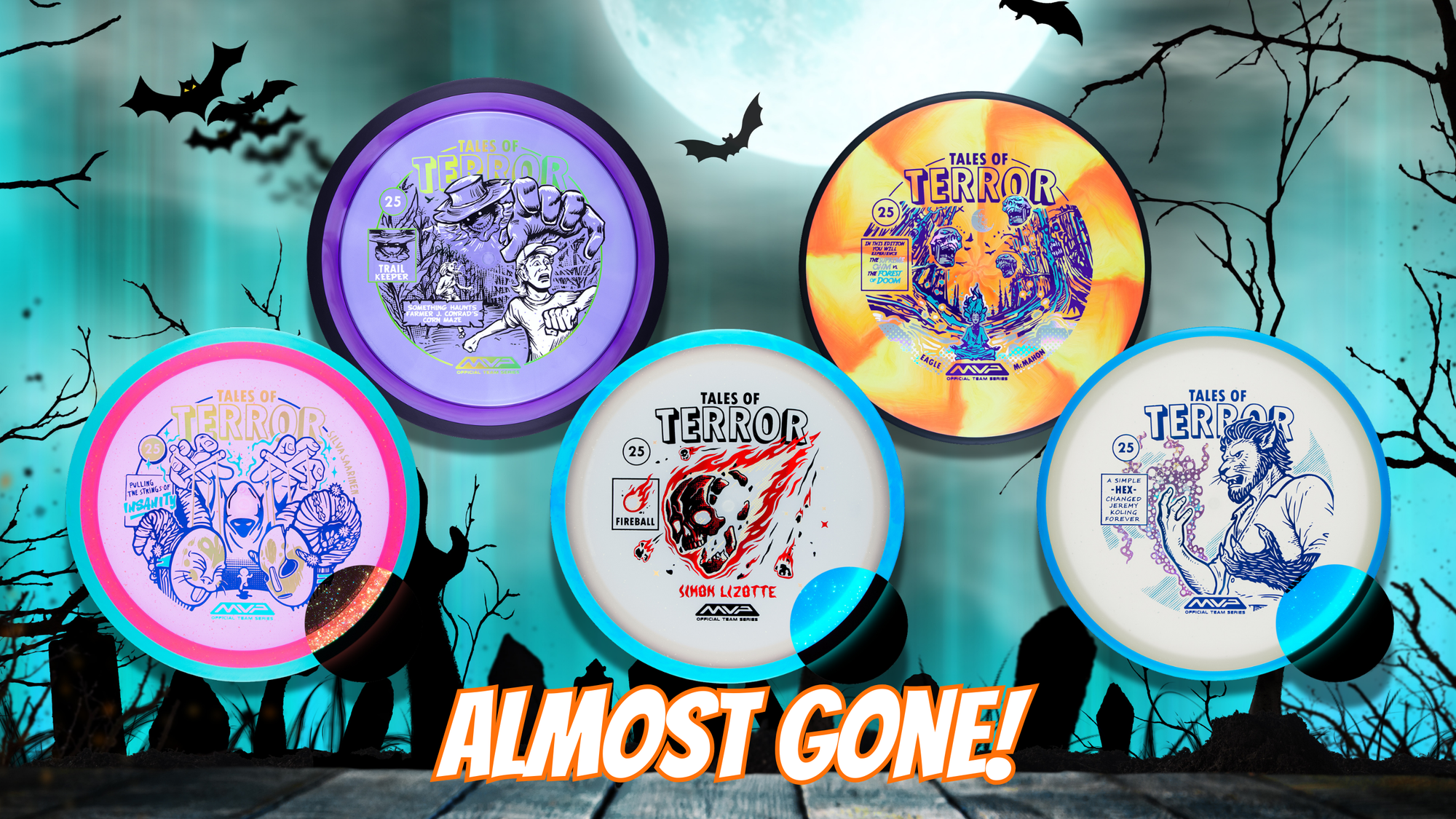 Five Halloween-themed discs with colorful designs on a spooky background with bats and silhouettes.