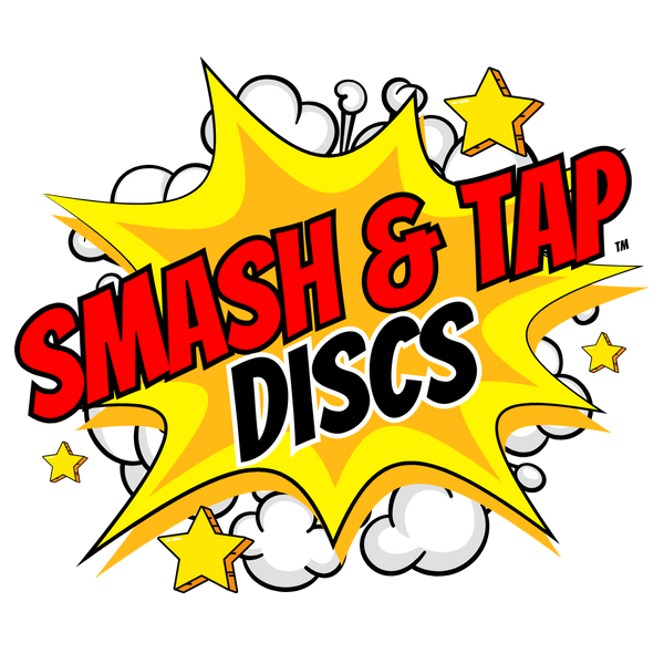 Bright, comic-style graphic with the text "Smash & Tap Discs" surrounded by stars and explosion effects on a black background, capturing the dynamic spirit of disc golf.